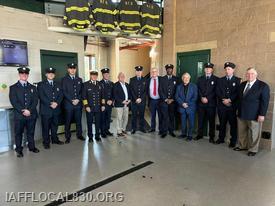 Pictured (Left to Right): PFF Peter Lainas, PFF Timothy Izzo, PFF Alex Ribeiro, Fire Chief Gino Gatto, PFF Gregory Blum, Mayor Harry Rilling, PFF Joseph Bicocchi, PFF Marqus Pritchett, Fire Commissioner Oscar Destruge, PFF Jesse Rodgerson, PFF Anthony Wadelton, and Fire Commissioner Howard Dixon  